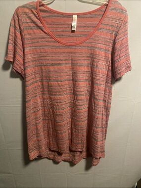 LuLaRoe Coral and Gray Striped Scoop Neck Tee